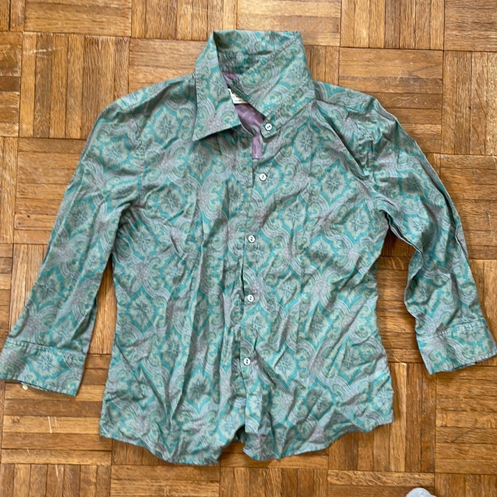 Wyeth By Todd Magill Green Paisley, Cotton, 3/4 Sleeve Button Up, Size  M
